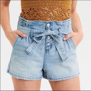 American Eagle Mom Short Paperbag Tie Waist Jean Shorts Sz 8 Button Fly Belted